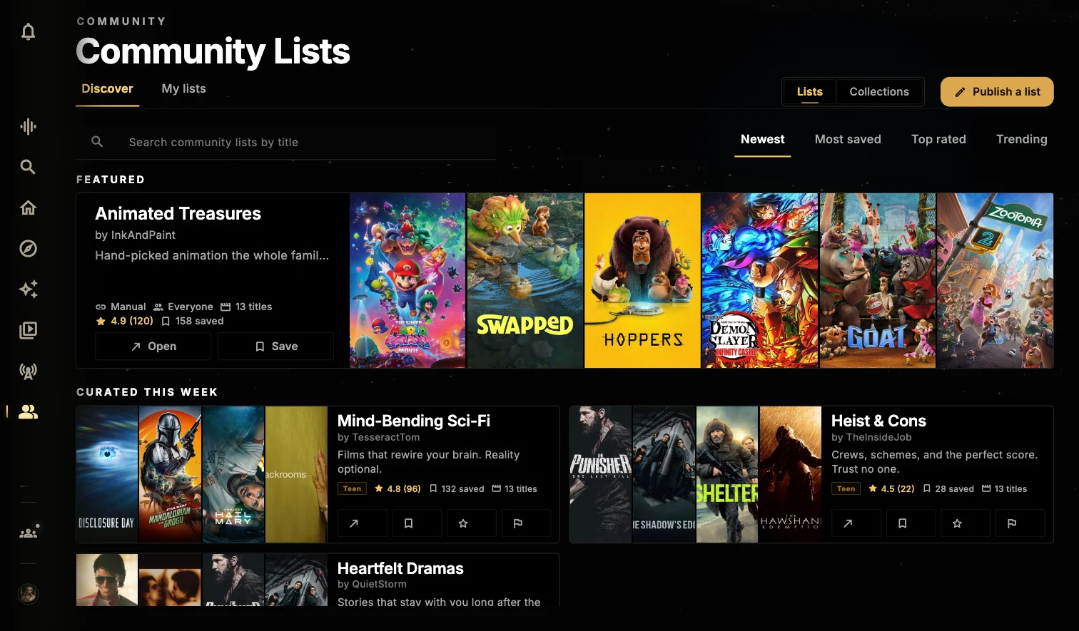 The current Community Lists catalogue, with a featured publication and curated movie lists