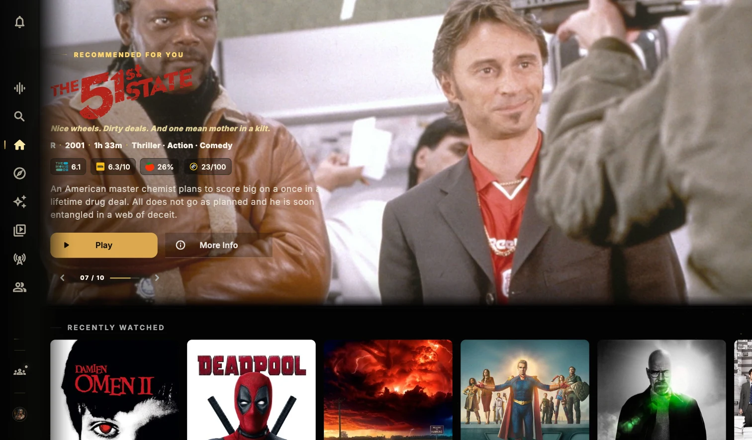 Zyryn's app with a movie hero, playback controls, and a personal recently watched shelf
