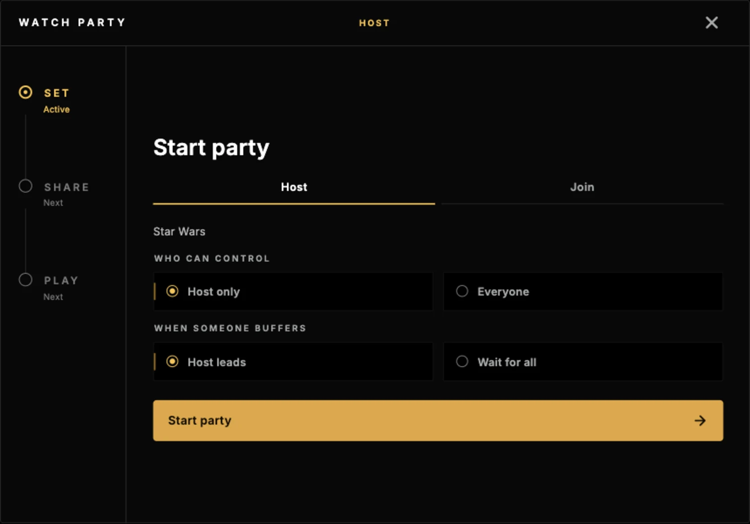 Zyryn watch-party setup with hosting, playback control, and buffering choices